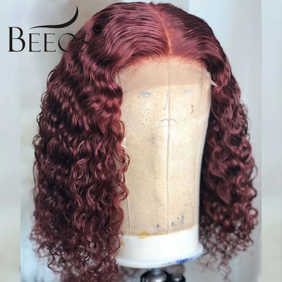 Beeos 99J Бургундия 180% 13*6 кружевные передние человеческие волосы парик перуанские Remy вьющиеся волосы цветные парики предварительно выщипанные волосы