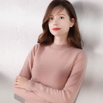 

Smpevrg 100% wool knitted sweater female pullover long sleeve half high collar soft pullover women sweater knit top jumpers warm