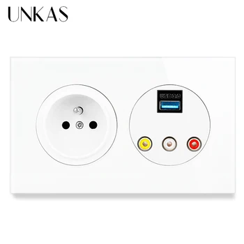 

UNKAS USB 3.0 Jack VIDEO L/R Port Channels 16A French 146MM Wall Socket Multimedia Adapter HD Converter Box USB To VIDEO+FL+FR