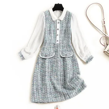 

Fashion Designer Runway Dress Autumn Clothes for Women Long Sleeve Turn Down Collar Patchwork Tweed Woolen Dress femme vestidos