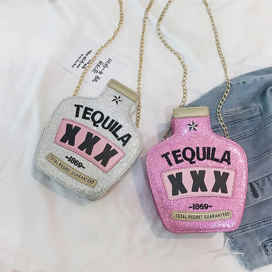 Online Diversión moda personalidad bolso de mano en forma de botella bordado con lentejuelas cadena con letras bolso de hombro para mujer bandolera bolso
