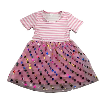 

newest casual summer kids girl dress cute pink stripe tulle covered sequin girls kids