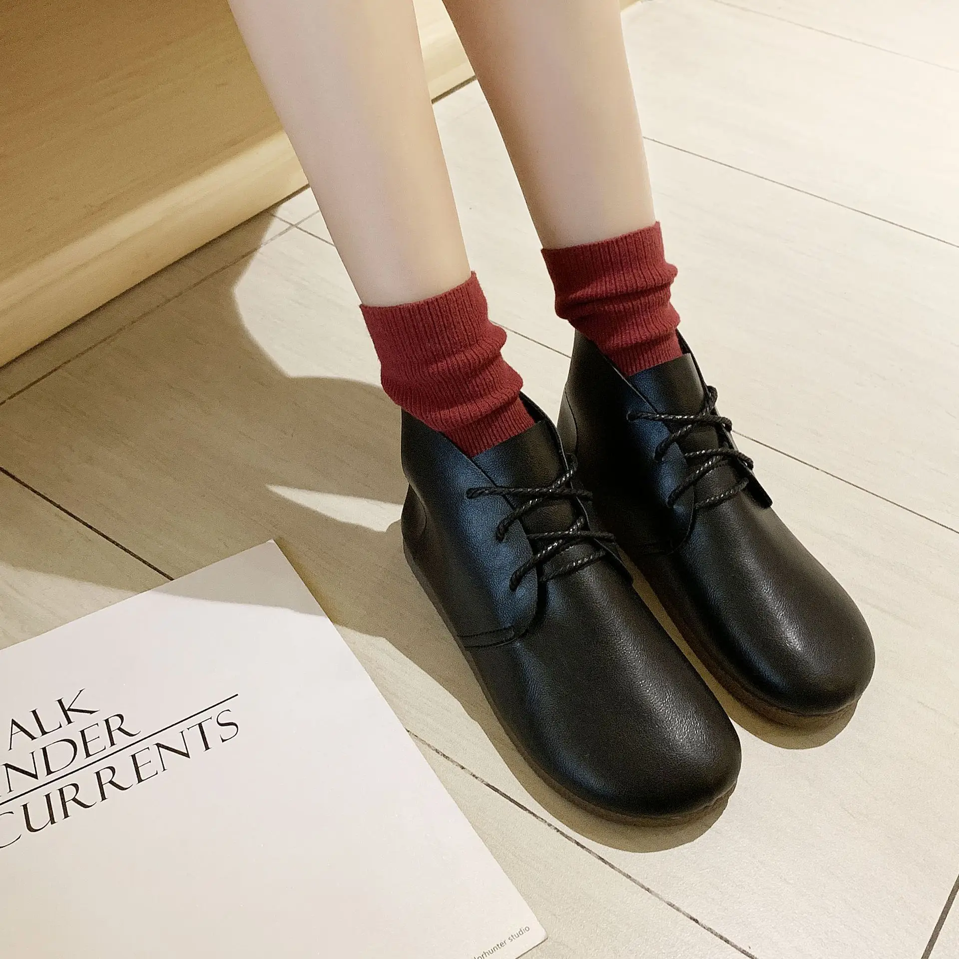 

Ankle Boots WOMEN'S Shoes Retro Artistic round-Toe Soft-Sole Hight-top Lace-up WOMEN'S Shoes Comfortable Mori Girl Line Boots