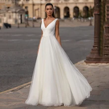 

White Tulle Cap Sleeves Wedding Dress For Woman Double V Neck Formal Bridal Gown Floor Length Simple Robe De Mariage Femme