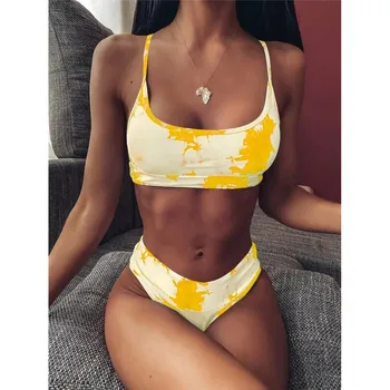 

2020 Sexy Two-Piece Suits Women Swimsuit Tie-dye Gradient Blue High Waist Swimwear Female Swimming Bikini Sets Biquini Bathers