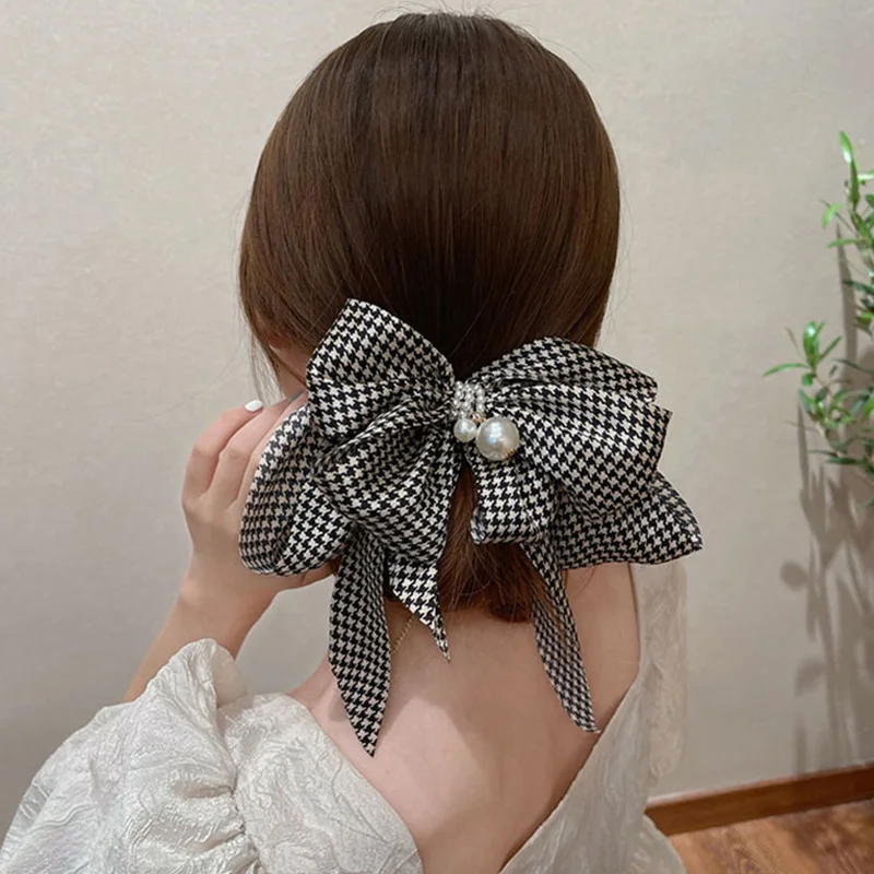 hair clips for long hair New Oversize Bowknot Pearl Barrettes Net Yarn Hairpins Women Houndstooth Hair Clips Ribbon Hair Clips Ponytail Hair Accessories hair clips for women