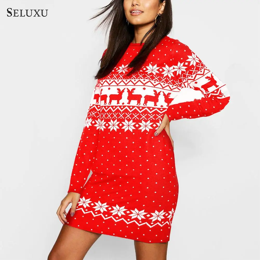 

Seluxu 2019 Autumn Women Dress Christmas Dress Floral Print Elk Dress Long Sleeve Round Neck Christmas Clothes Casual Dress