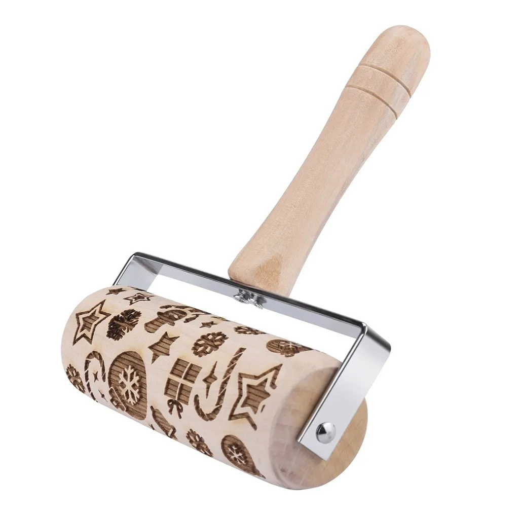 Christmas Embossing Wooden Rolling Pin Baking Cookies Noodle Biscuit Fondant Cake Dough Engraved Roller Reindeer Snowflake