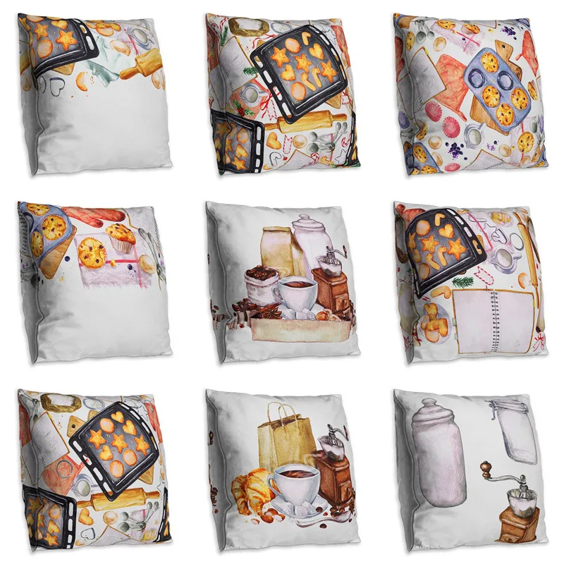 

Kitchenware Printed Pillow Case Cover Square 45cm*45cm Polyester Bread Coffee Baking Pillowcase Home Decorative