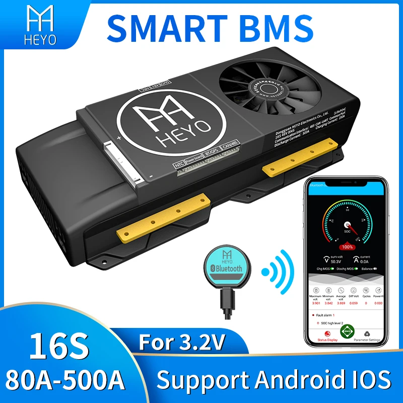 HEYO Smart UART RS485 CANbus Fan LiFepo4 LiPo LFP 3 2 V 16S 48V 80A 100A 150A 200A 250A 300A 500A батарея PCB BMS плата