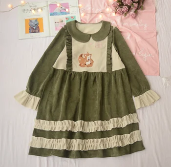 

lolita op princess loli cute peter pan collar Japanese Mori Girls Little Fox Fungus Corduroy kawaii gothic Sweet Lolita dress