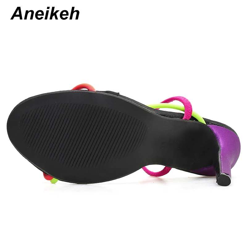 Aneikeh/ г. Новые Модные женские шлепанцы из флока летние модельные туфли на тонком высоком каблуке повседневные женские сабо без застежки яркие Размеры 35-42