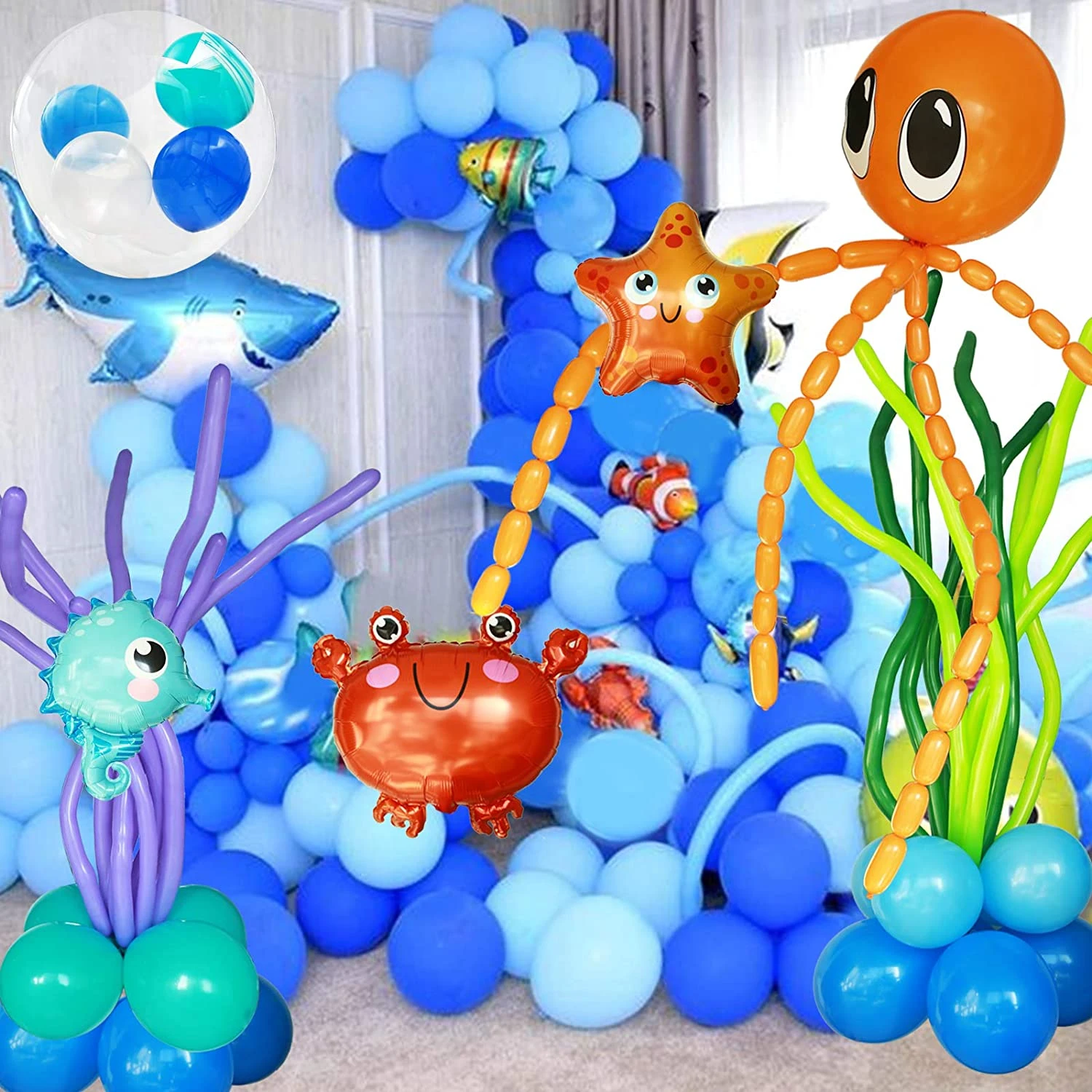 Ministro Numérico Húmedo Kit de arco de guirnalda de globos de mar azul para niños, decoración de  fiesta de cumpleaños debajo del mar, globos de aluminio de tiburón pez  payaso, 163 piezas|Globos y accesorios| -