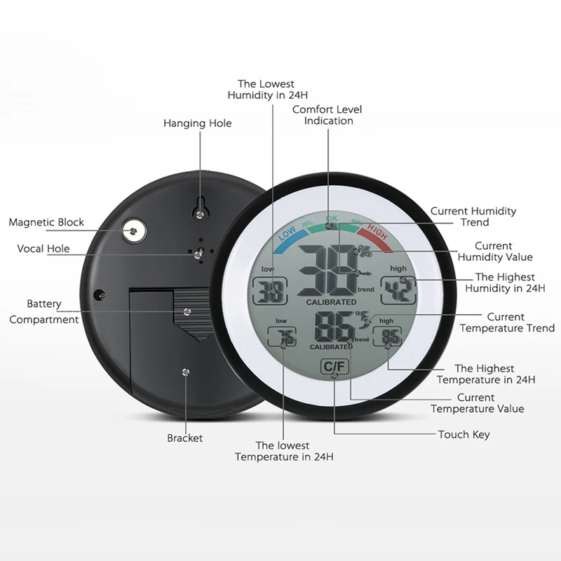 BMBY-LCD Digital Thermometer Indoor Hygrometer Touch Screen Round Alarm Clock Meter