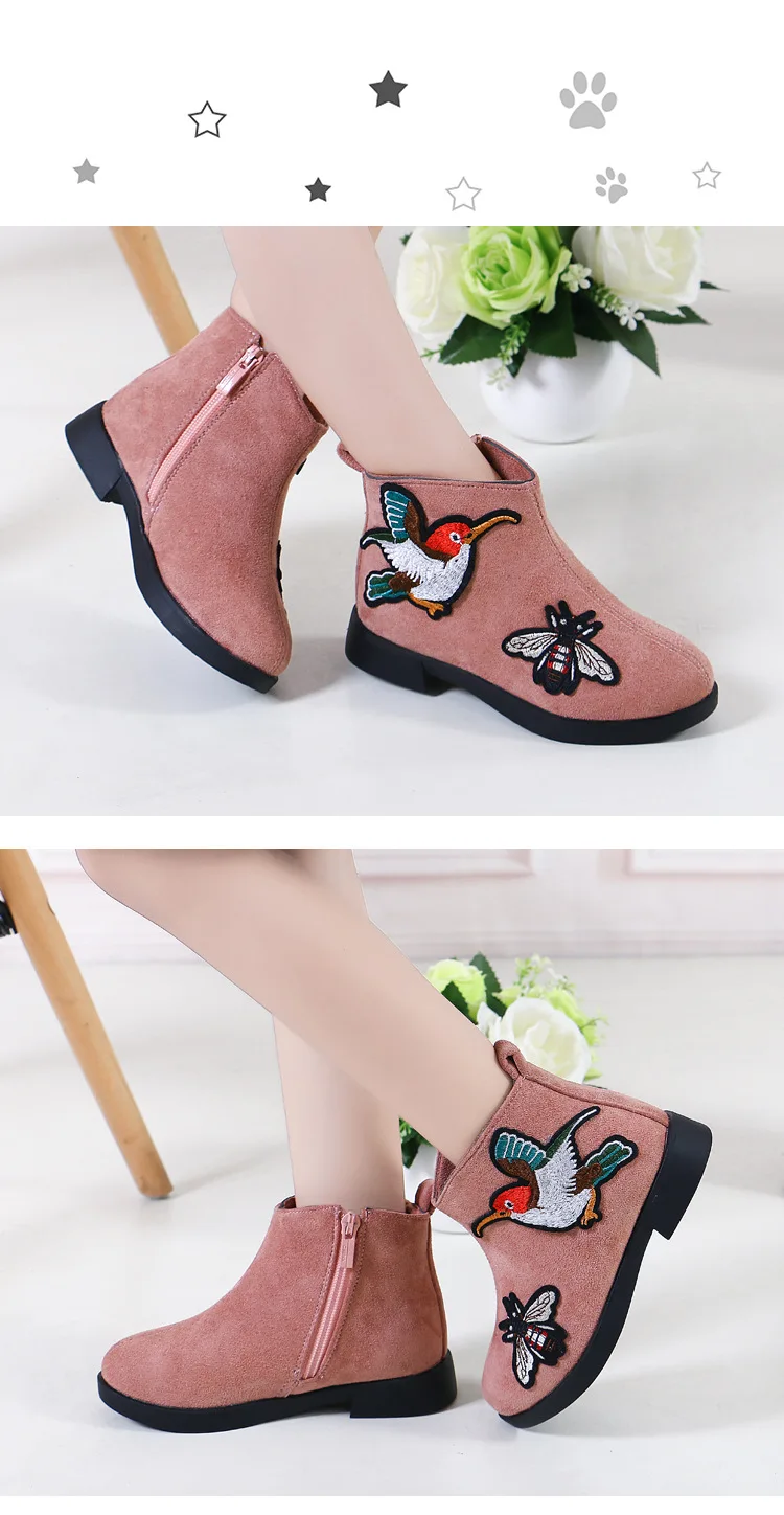 Модная обувь для девочек; ботинки принцессы; обувь для девочек с вышивкой в виде птиц и бабочек; зимние Ботинки martin; детская обувь для бега; цвет розовый
