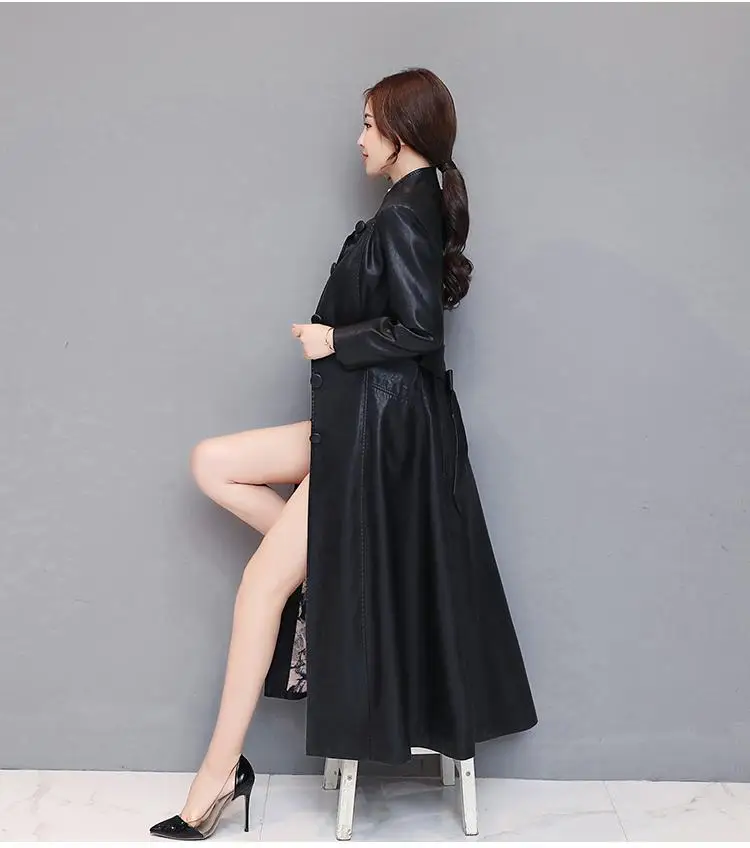 Women Autumn Winter X-Long Faux Leather Coat Soft Slim Leather Jacket Female Plus Size Sheepskin Trench Coat With Belt T102