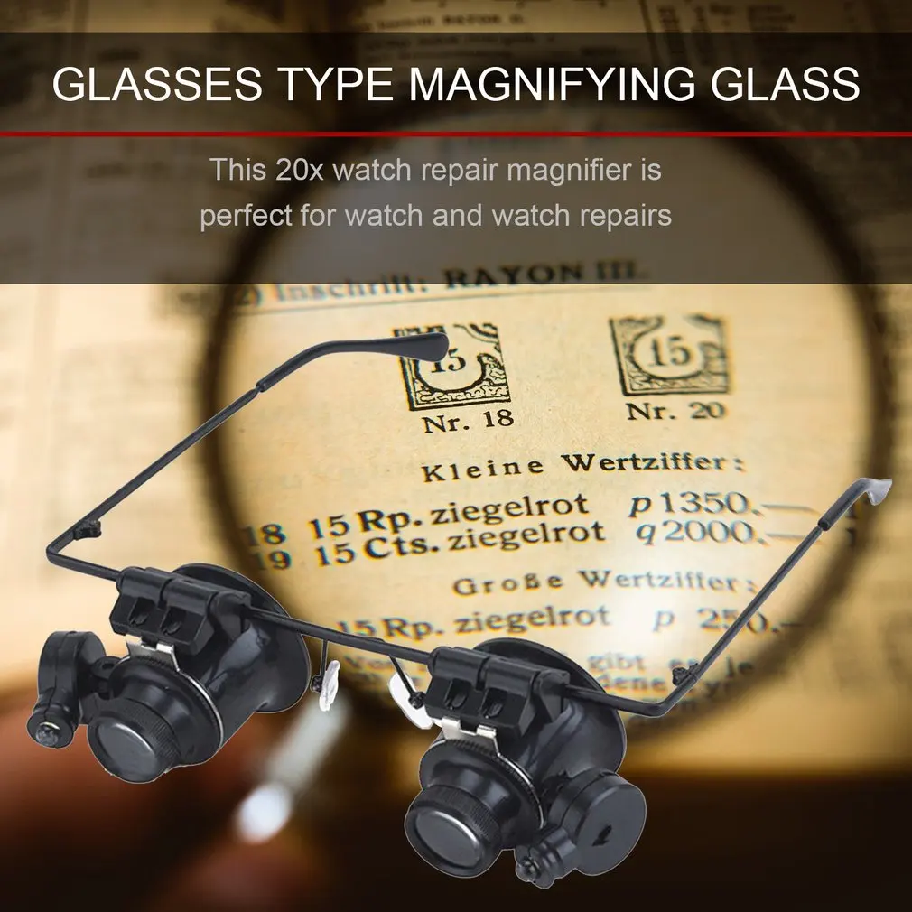 ACEHE 20X Glasses Type Double Eye Binocular Magnifier Watch Repair Tool Magnifier with Two Adjustable LED Lights