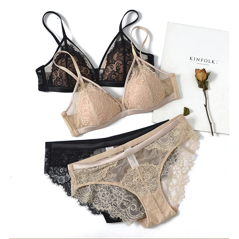 Reggiseno a triangolo in pizzo con ciglia sexy Set patchwork in rete Reggiseno a seno piccolo senza fili leggermente foderato Intimo da donna_voghion.com