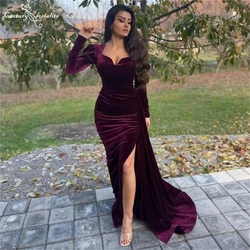 Elegant Burgundy Evening Dresses 2021 High Slit Sweep Train Velvet Long Sleeve Formal Gowns Prom Party Dress Robe De Soiree