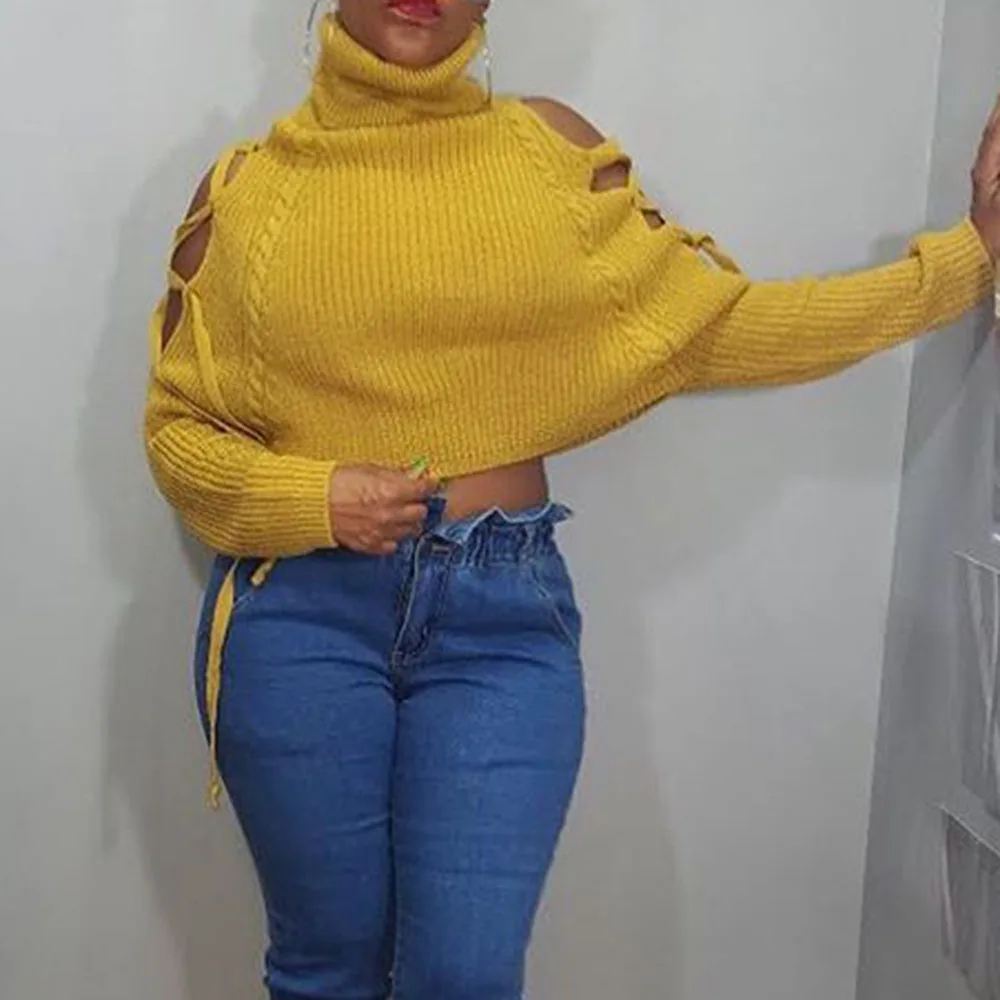 Fashion Turtleneck Sweater Women Autumn Long Sleeve Plain Sexy Cold Shoulder Short Knitted Sweater Yellow Knit Pullovers Tops