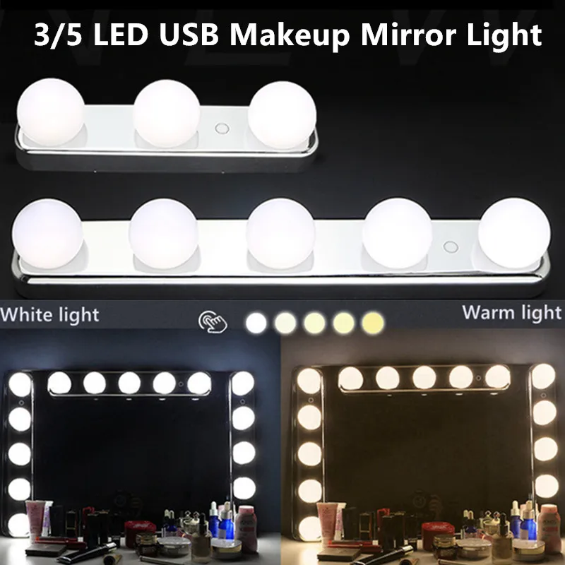 

3/5 LED Bulbs USB Stepless Mirror Light Vanity Light Color Temperature Adjustable Make Up lights Touch Switch