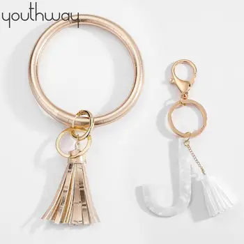 

2pcs set White Acetate Alphabet J Pendant Keychain Wristlet Tassel Charm Keychain Bracelet Bangle woman bag buckle holiday gift