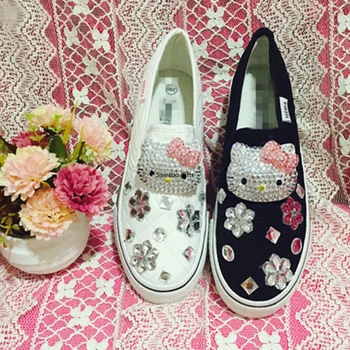 

Handmade Kitty Cat Women Sneakers Bling Rhinestone Canvas Shoes Cat Lovers Nice Shoes Platform Sneakers Women Casual Shoes White