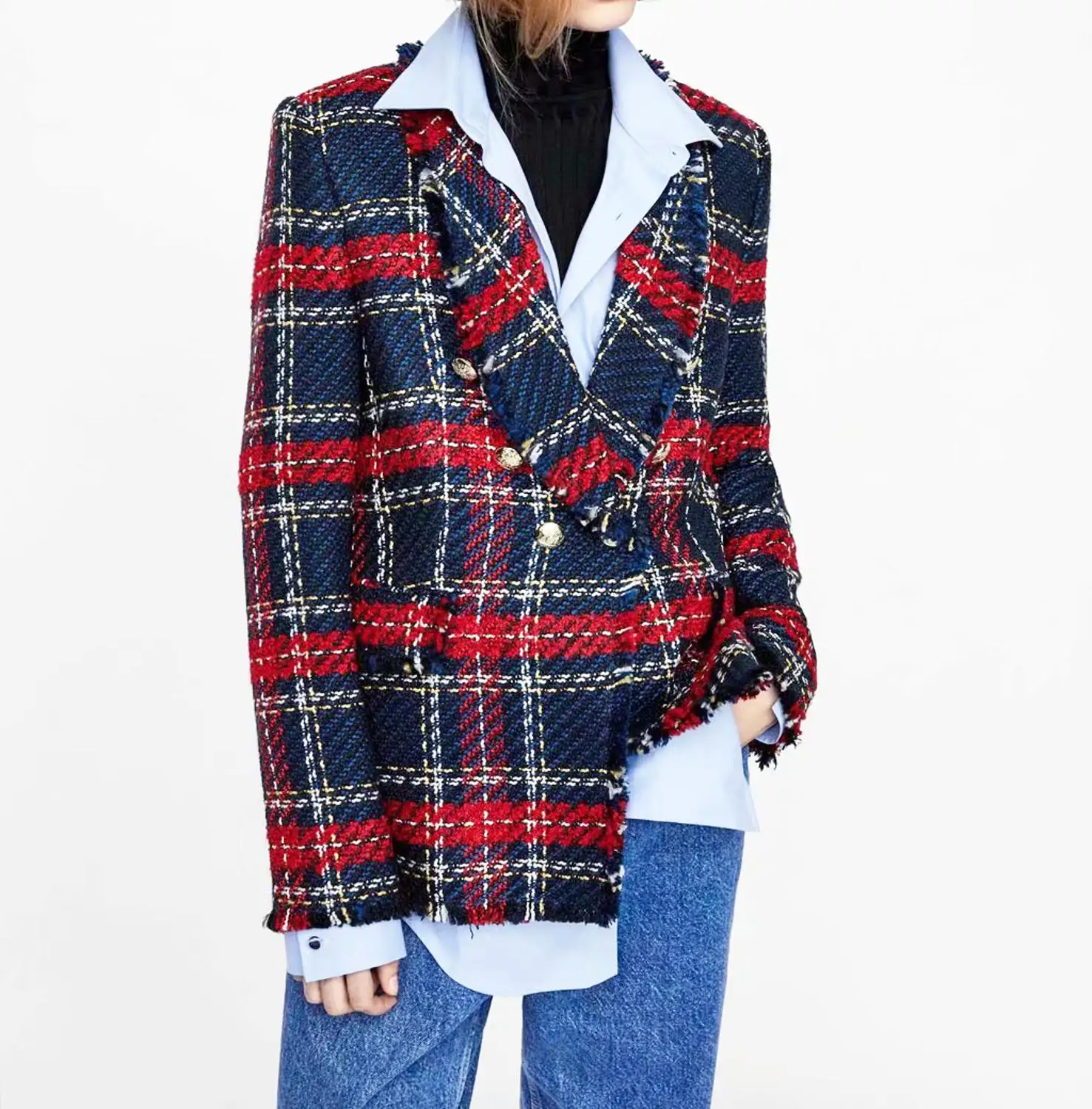 Star firefly tassel button decorated woolen suit female autumn casual tweed plaid blazer for official business women
