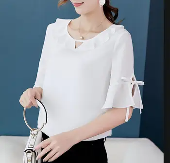 

Women's summer short sleeve white chiffon shirt female casual loose basic OL Shirt plus size chic Blouse TB626