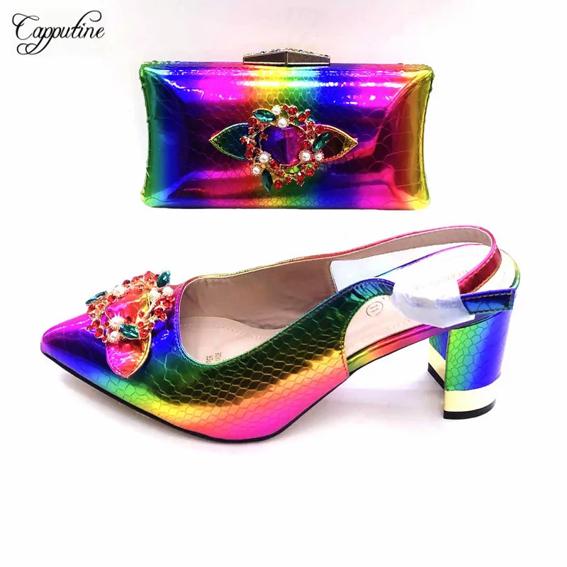 

Excellent Colorful Design High Heel Pointed Toe Shoes And Clutch Bag Set With Stones 2096-1 Heel Height 8.5CM