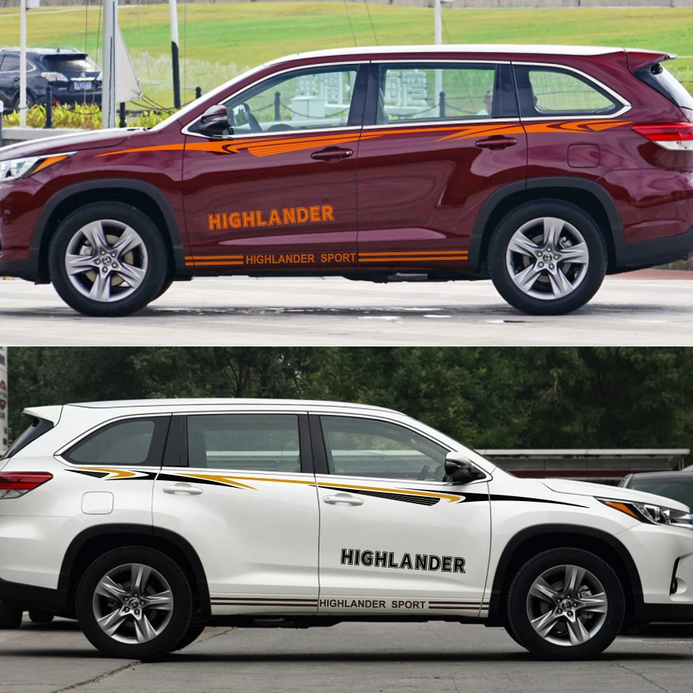 2 шт. автомобильные наклейки для Toyota Highlander, автомобильные наклейки на боковую дверь, полосы, стильные водонепроницаемые украшения, виниловые тюнинговые автомобильные аксессуары