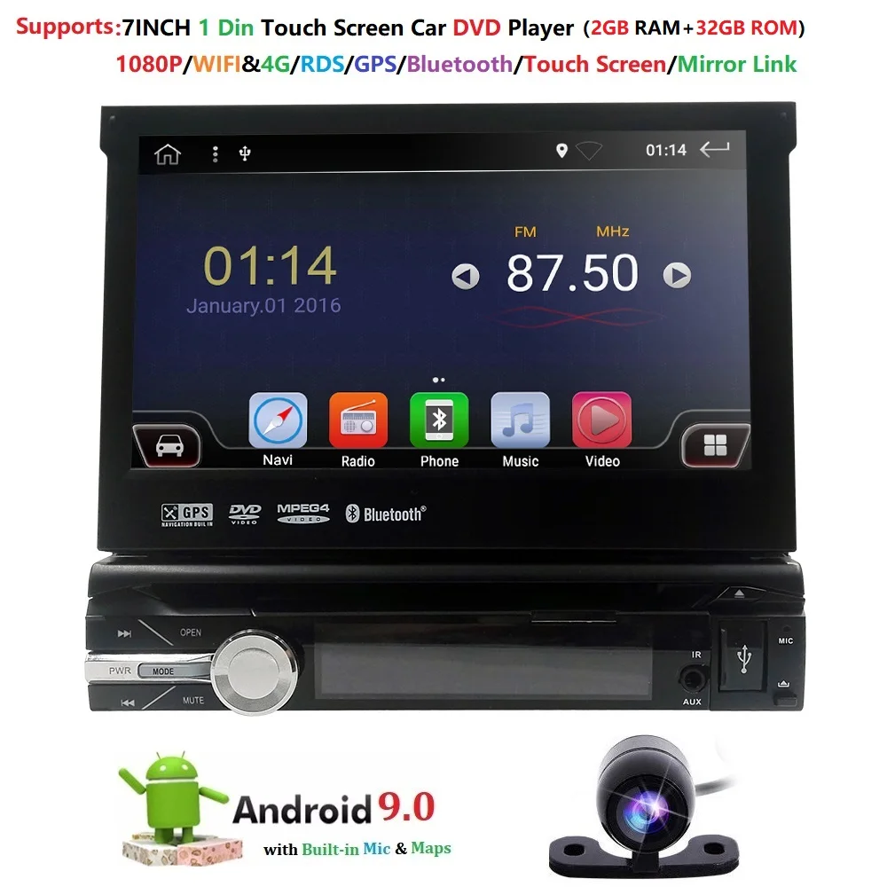 Discount 1Din 7"Car Universal DVD Player Android 9.0 GPS Bluetooth Stereo Mirror link Multimedia Steel wheel control DAB+ TPMS RDS Camera 3