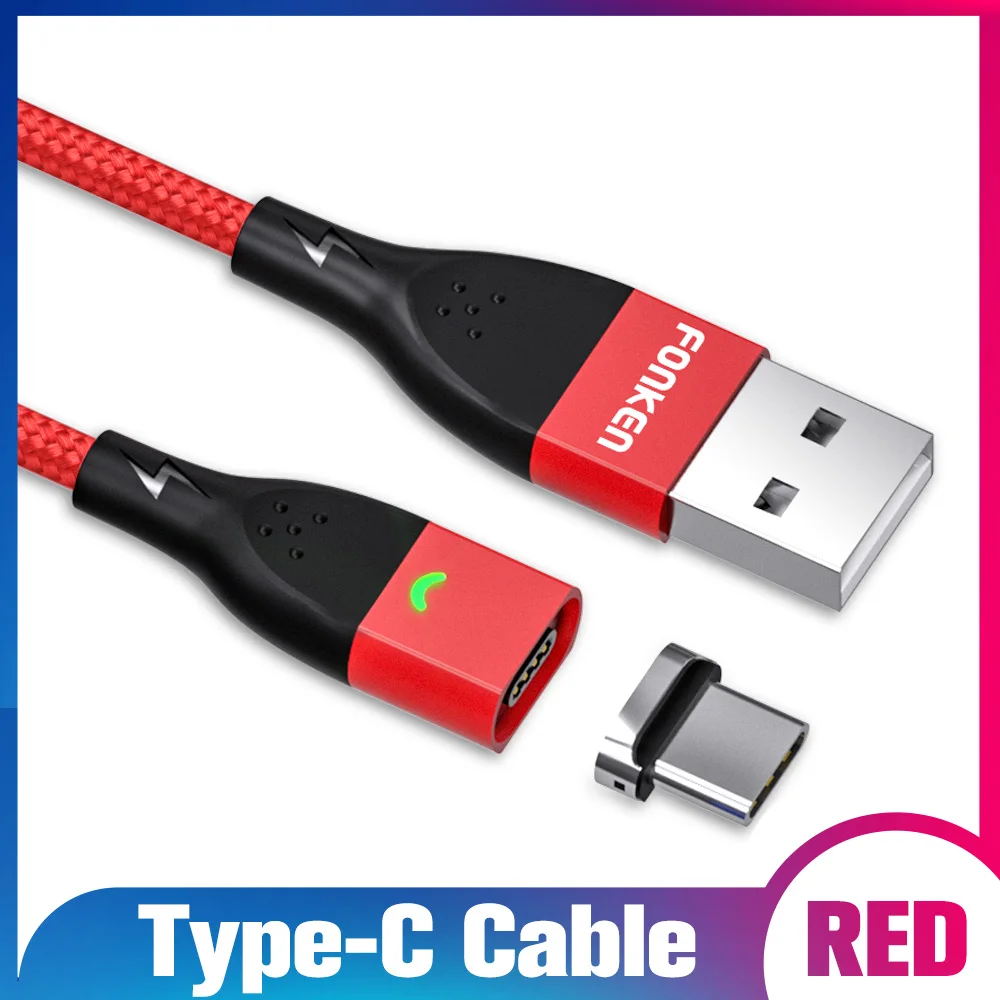 FONKEN usb type C Магнитный кабель для быстрой зарядки type-C USB Магнитный кабель QC3.0 QC2.0 Быстрая зарядка мобильного телефона 2 м USB-C шнур для передачи данных - Цвет: Red magnetic cable