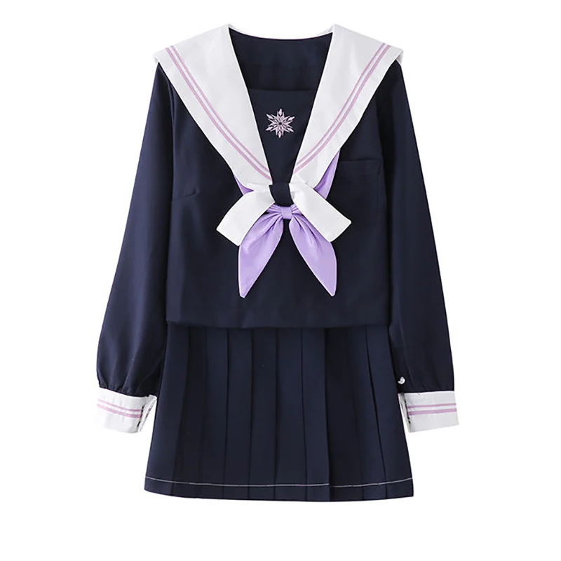 

Japanese Women Girl Student JK Uniform Suit TR Fabric Wisteria Flower Embroidery Two Lines Navy Blue Sailor Suit + Pleated Skirt