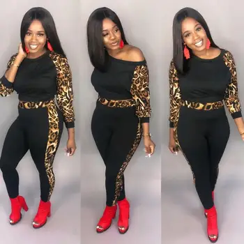 

Leopard Spliced Sexy Two Piece Tracksuit Women Clothes O Neck Long Sleeve Ctop Top and Pencil Pants Autumn Winter Causal Set