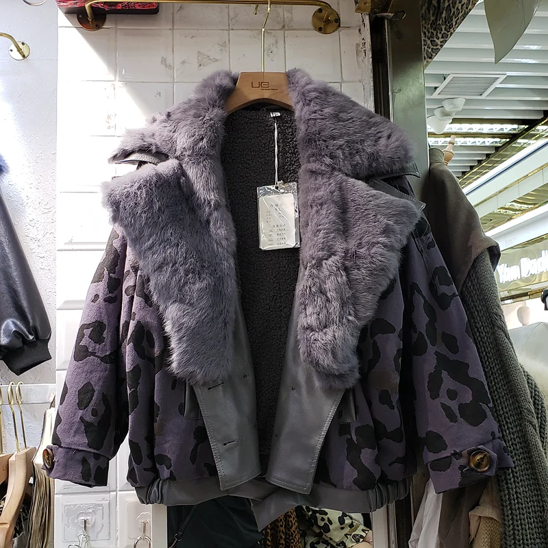 Небесно-голубой Новая зимняя джинсовая парка с большим кроличьим мехом и большим отворотом леопардовой расцветки, плотное Женское пальто с воротником из натурального меха, бархатная хлопковая стеганая куртка - Цвет: Небесно-голубой