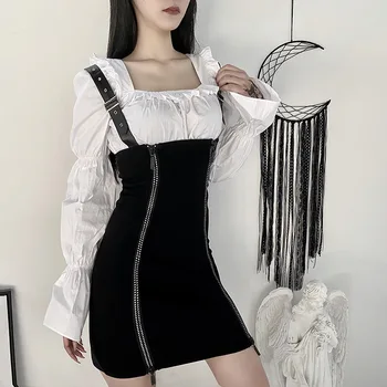 

G.SKY Mori Series Dark Show Chest Knitted Cloth Pin Buckle Strap Dress Female Wild Split Zip Improved Skirt