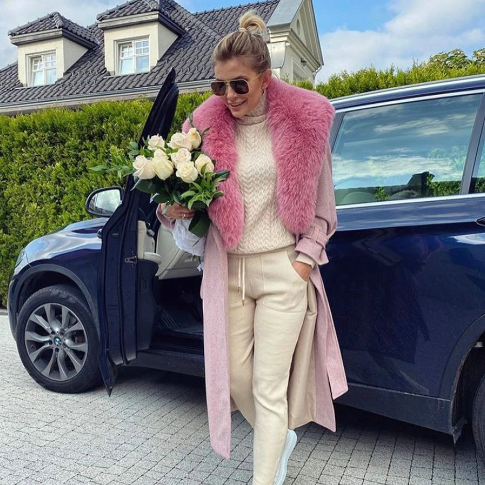 Real Fox Fur Cashmere Overcoat Long Luxury Woman Winter Trendy Genuine Fox Fur Collar Wool Blends Coat with Belt Outwear Female