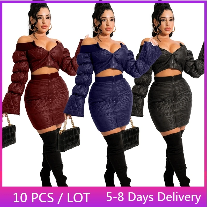 

Wholesale Winter Two Piece Set Women Casual Warm 2 Piece Sets Womens Outfits Fashion Off Shoulder puffer coat and Mini Skirt Set
