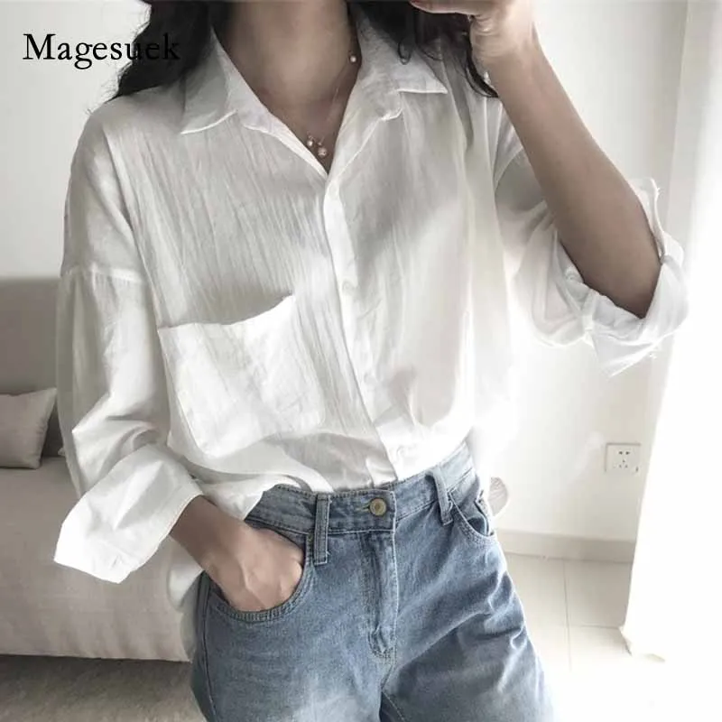 

New Chic Hong Kong Style Loose Lapel Solid Color Ninth Sleeve Shirt Mid-Length Casual Sunscreen Tops Women Autumn 2020 11110