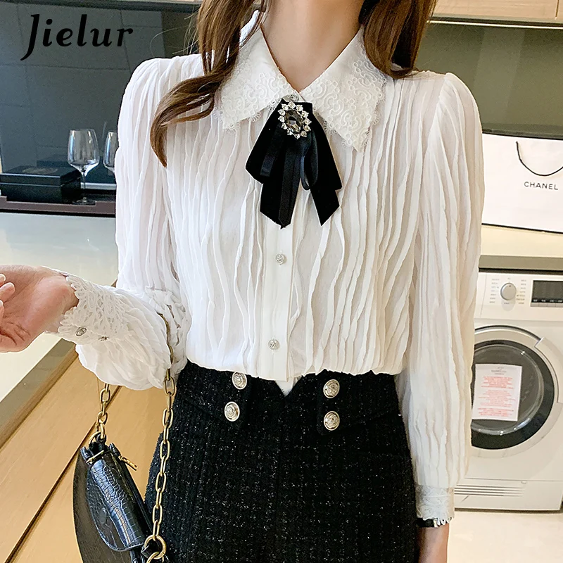 

Jielur New Elegant Women's Blouses Chic Spliced Lantern Sleeve Lace Collar White Shirt Loose Bow Tie Ladies Tops Blusas Femme