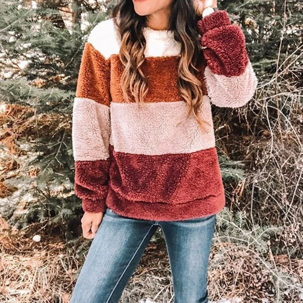 

LOOZYKIT Fashion Autumn Women 2019 New Loose Teddy Fit Striped Sweater O-Neck Casual Knitted Patchwork Pullovers Sweaters