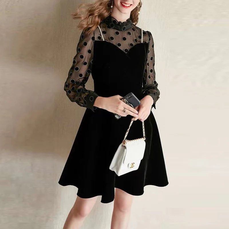 

XF Vintage Black Velvet Stitching Chiffon Long Sleeve Sexy High Quality Women'S Elegant Commute Party Short Dress