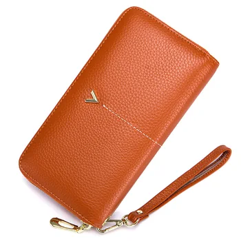 

Women long zipper clutch leather wallet first layer cowhide portable large capacity paper clip new ladies clutch bag