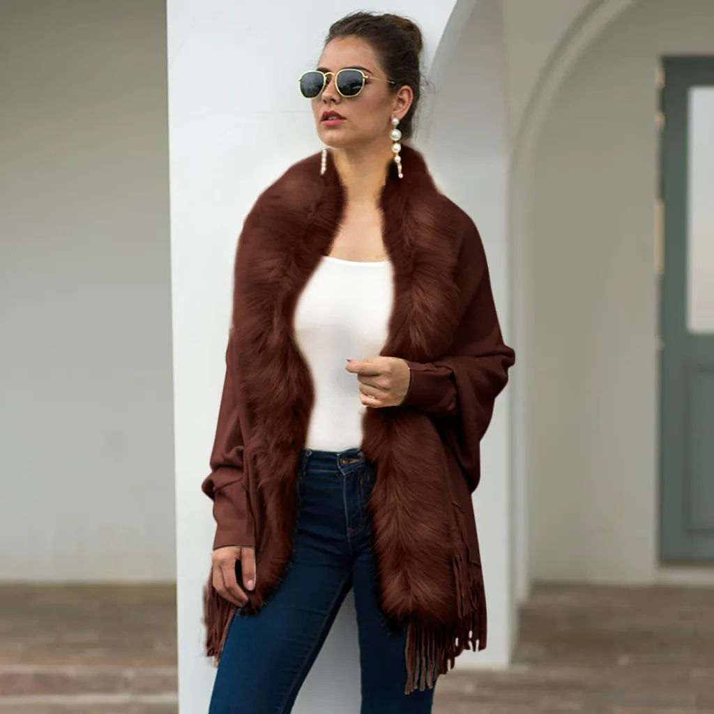 Женская куртка, вязаные кашемировые накидки-кардиган с бахромой, зимние теплые куртки, Повседневная ветровка с длинным рукавом, верхняя одежда, базовые пальто 19Ag
