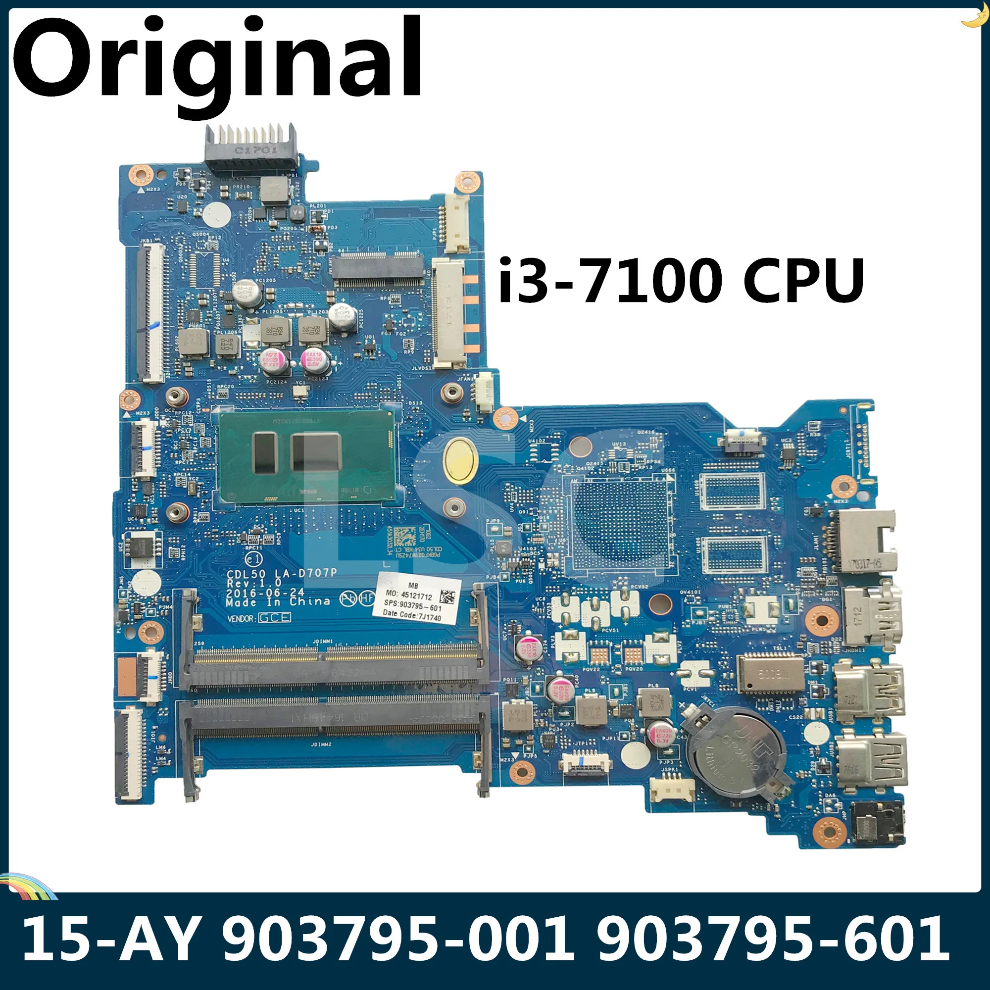 Материнская плата LSC для ноутбука HP Pavilion 15 AY 903795 001 601 CDL50 LA D707P с sr2z I3 7100 ЦП