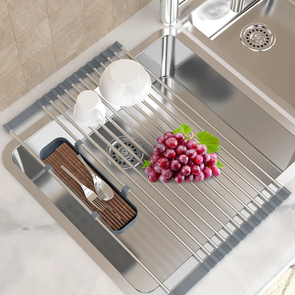 Roll Up Dish Drainer Over Sink Rack Kitchen Organizer Holder Dish