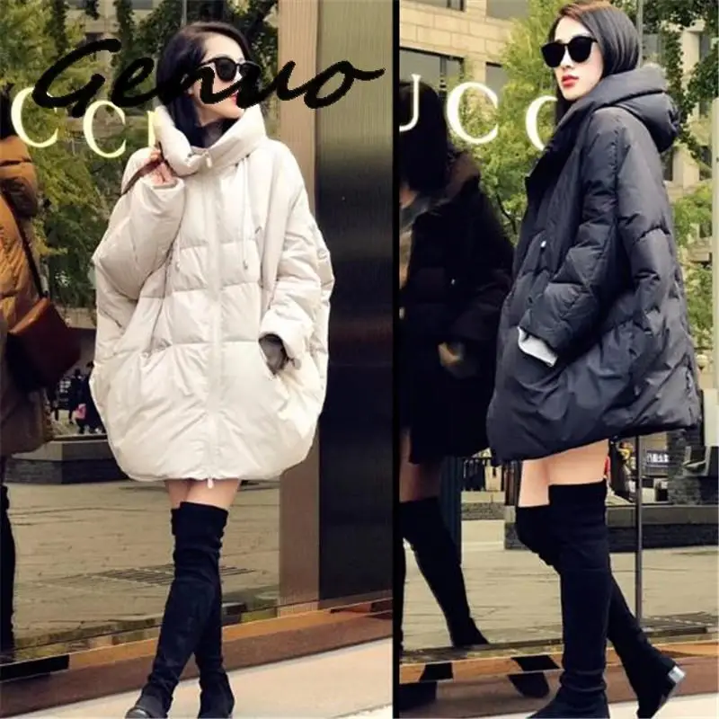 2019 European Winter New Hooded Loose Bread Clothing Women Fashion A Word Cloak Long Thick Down Jacket Coat Female Tops | Женская одежда