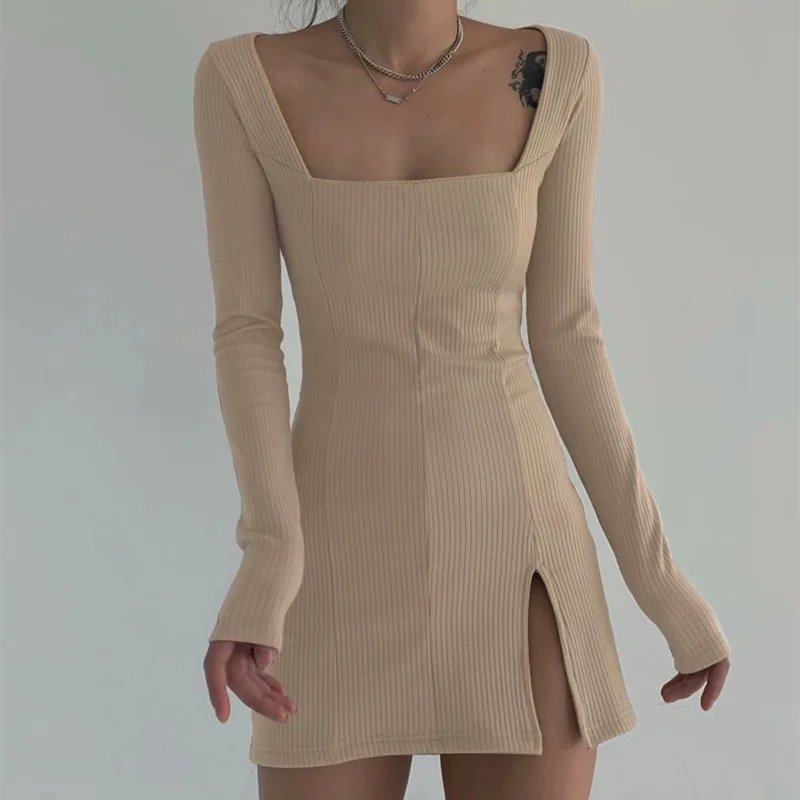 Women's Sexy Knit Bodycon Dress Gothic Square Neck Long Sleeve Mini Sweater Dress Rave Festival Clubwear Slim Dress sweater dress