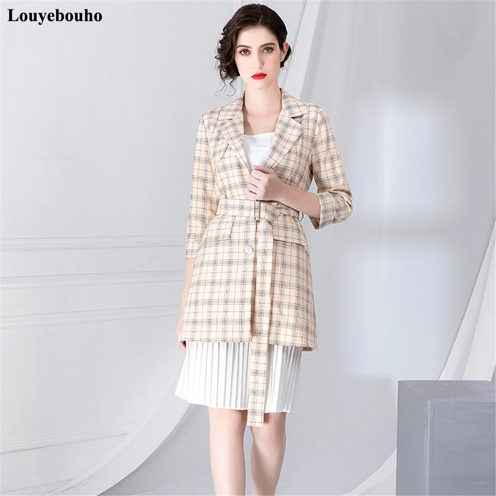 

Women Elegant Dress Suit 2019 Autumn Winter Plaid Robe Blazer Office Wear Spaghetti Strap Pleated Dresses Suits Outerwear w/Sash